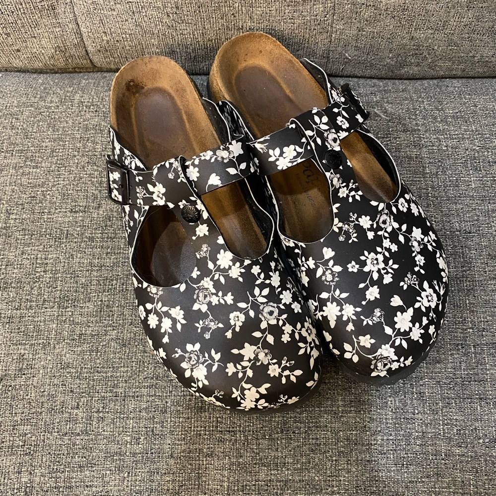 Papillio Black Floral Clogs with White Print